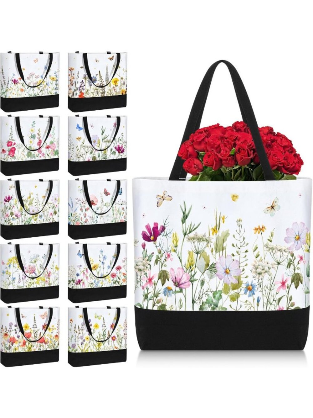 10 Pcs Large Floral Canvas Tote Bags - Christmas Wildflower Gift Set
